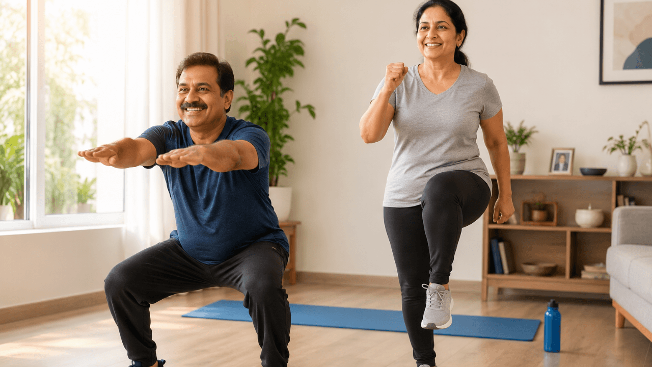 Indian couple doing exercise for heart health at home in living room