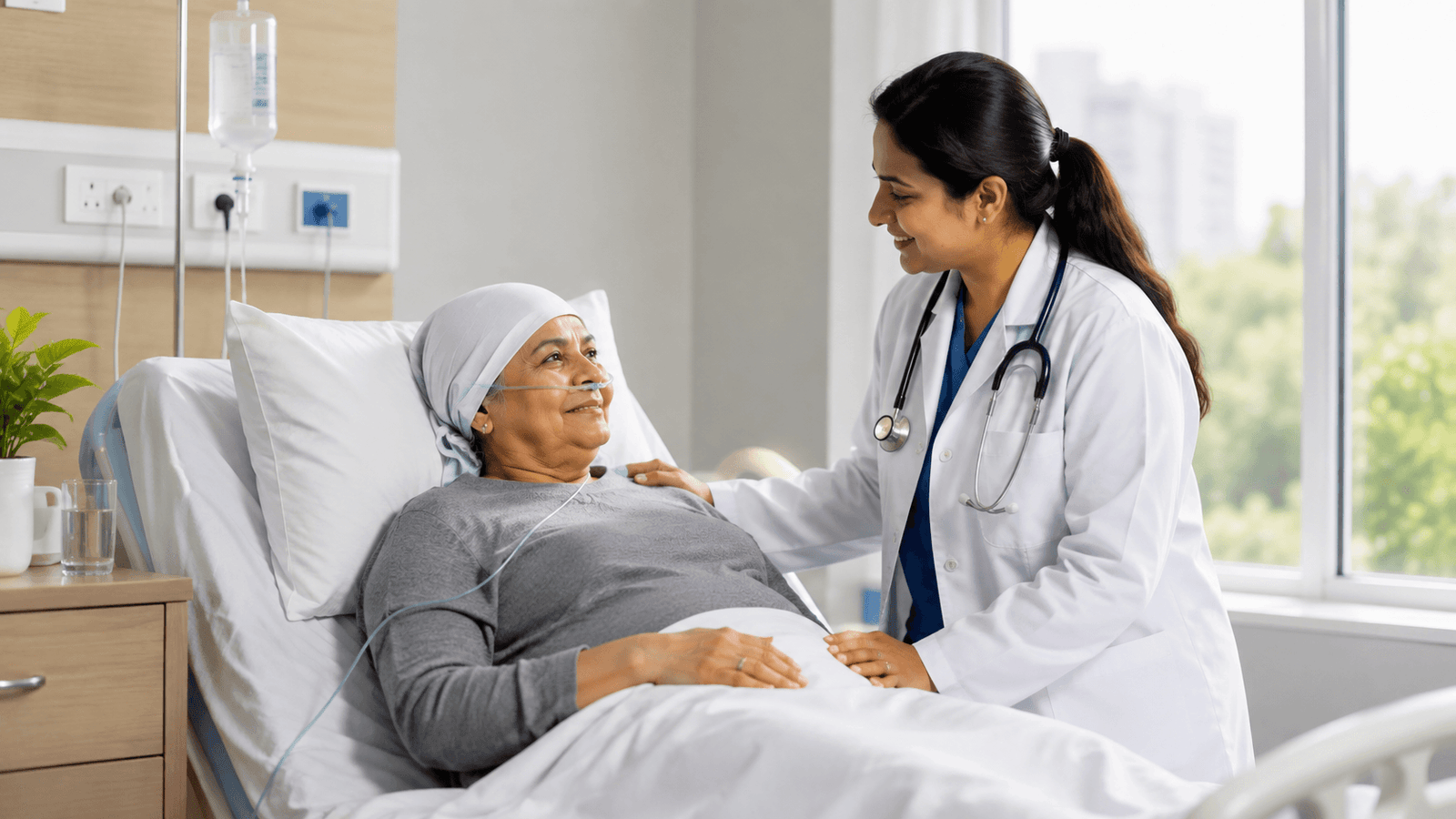 Oncologist reviewing cancer treatment plan and cost estimate with patient in India