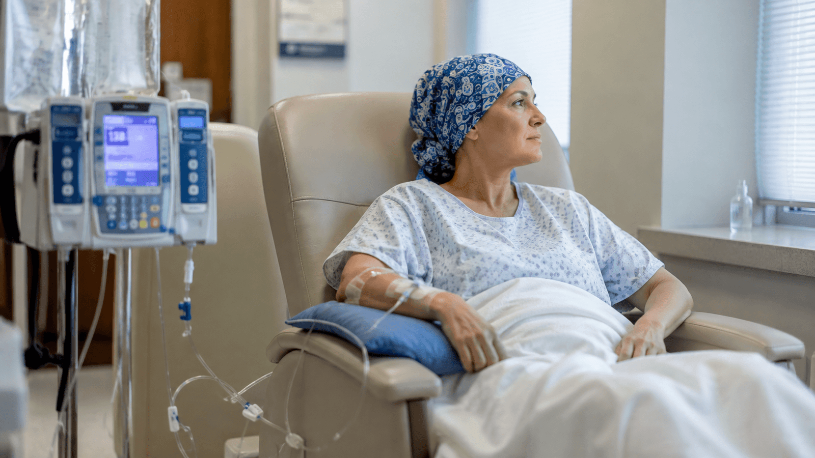 Patient receiving chemotherapy infusion at an accredited cancer centre in India