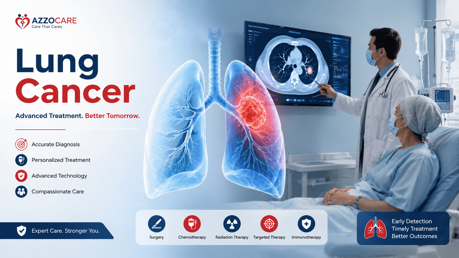 Thoracic oncologist reviewing CT scan results with a lung cancer patient in India