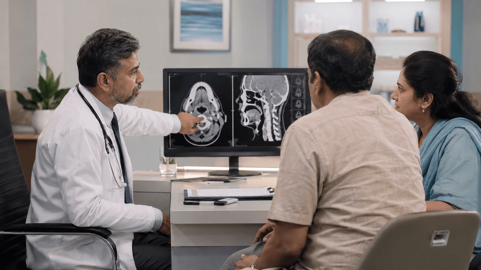 Head and neck surgical oncologist reviewing laryngoscopy results with a throat cancer patient